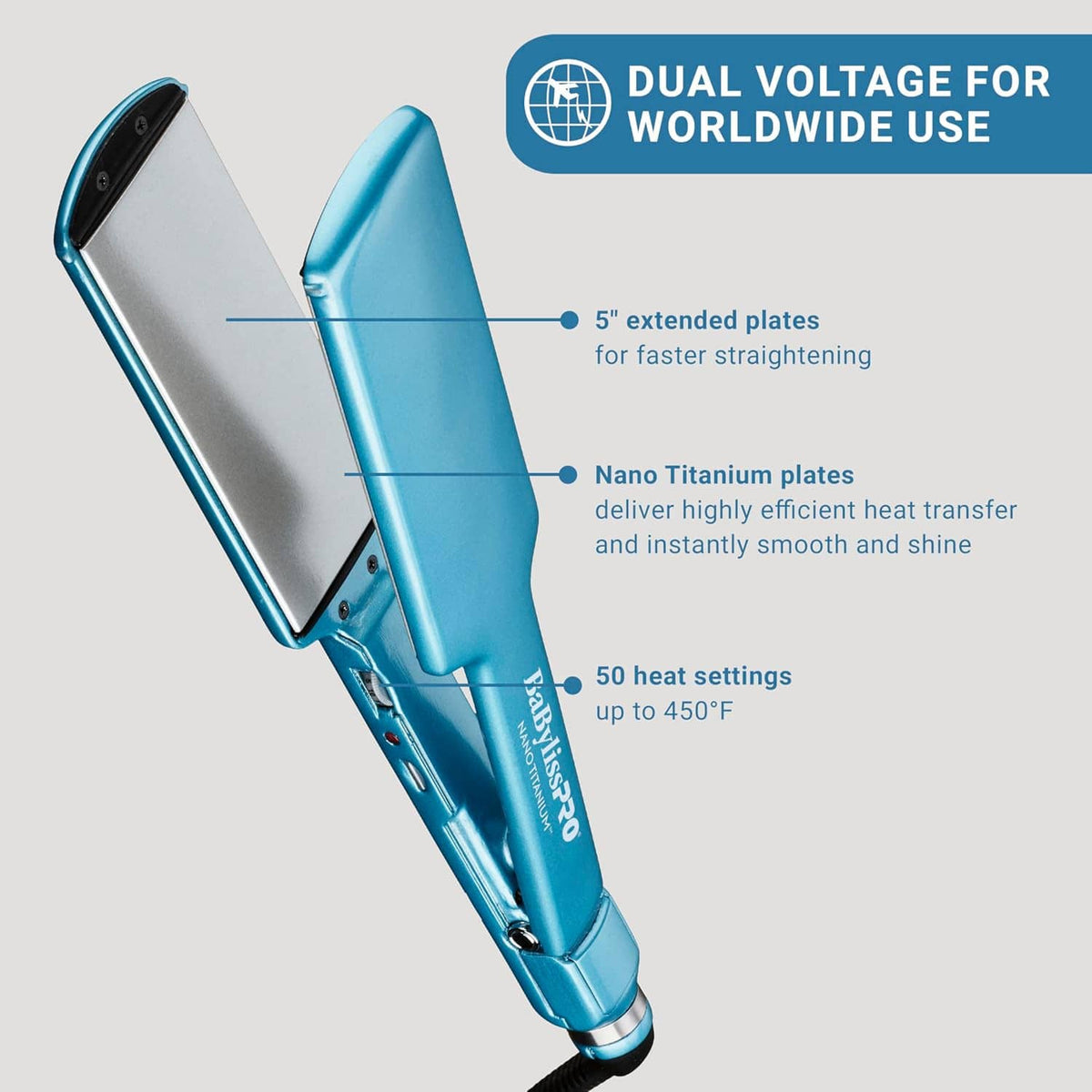 BabylissPRO nano titanium flat iron with dual-voltage and 50 heat settings