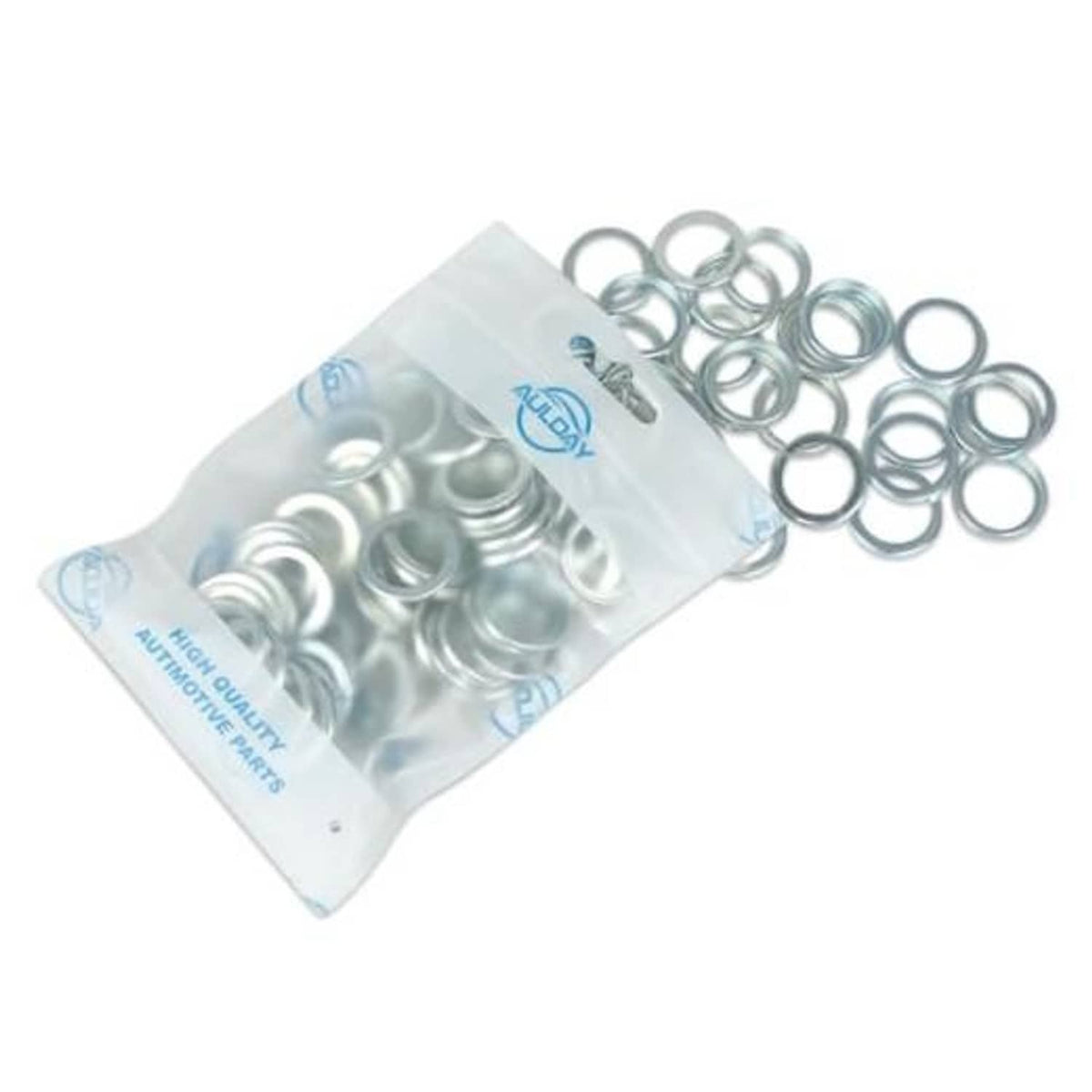 Pack of rear differential oil drain plug gasket rings, silver metal, in clear bag