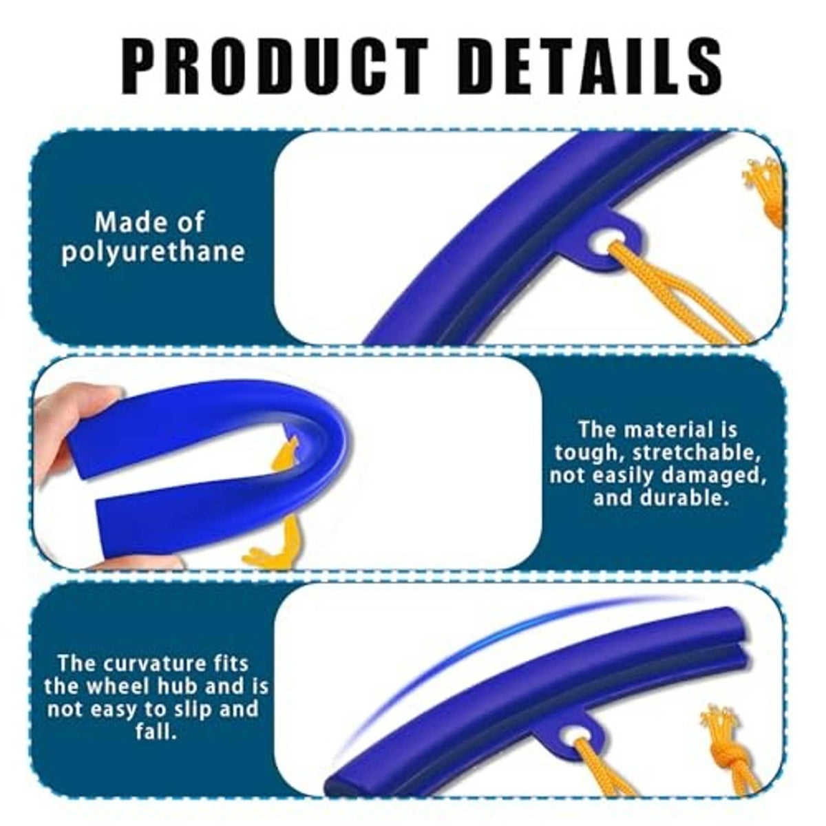 Blue polyurethane rim saver sleeves with orange cords, product detail view