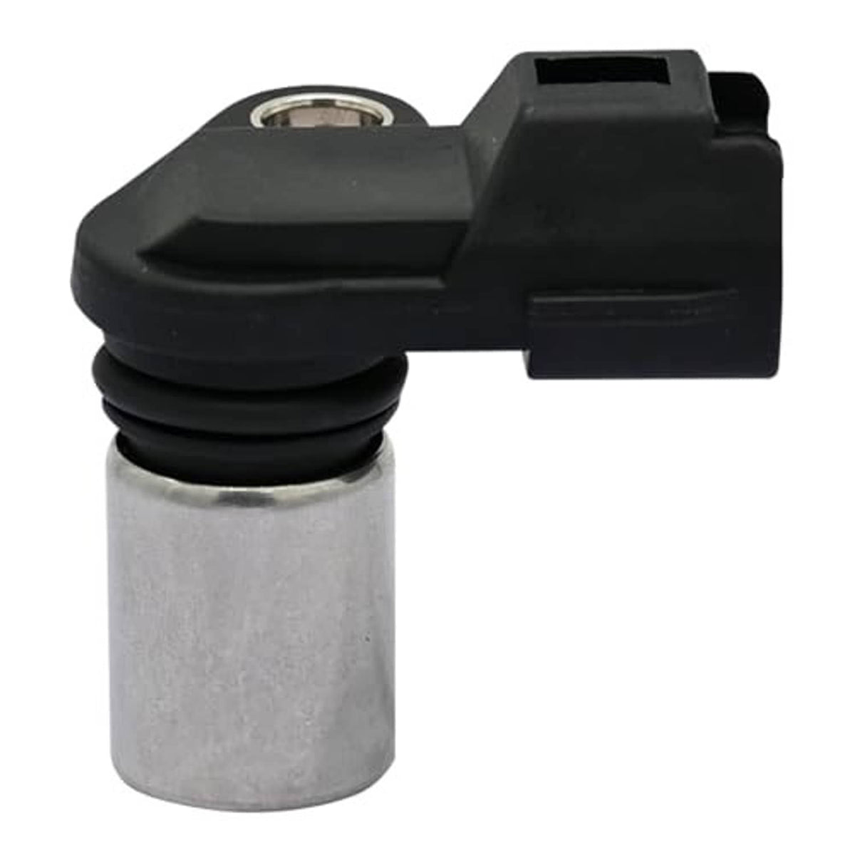 Camshaft position sensor, black connector and boot on cylindrical metal base