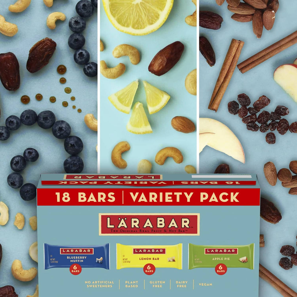 Assorted fruit and nut bar variety pack with blue, yellow, and green bars
