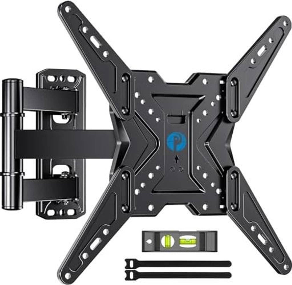 Universal black TV wall mount bracket with wall plate, long arms, and mounting hardware set