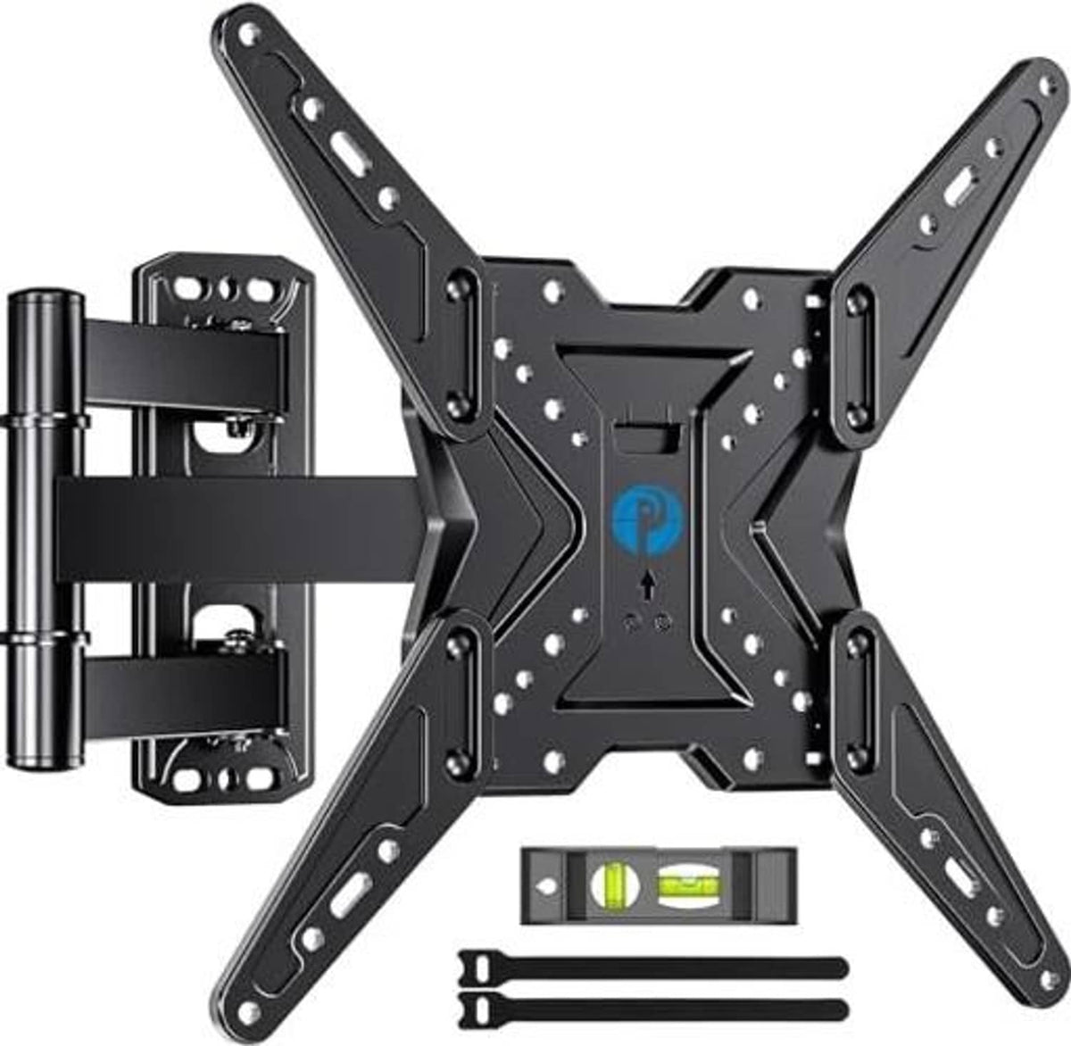 Universal black TV wall mount bracket with wall plate, long arms, and mounting hardware set