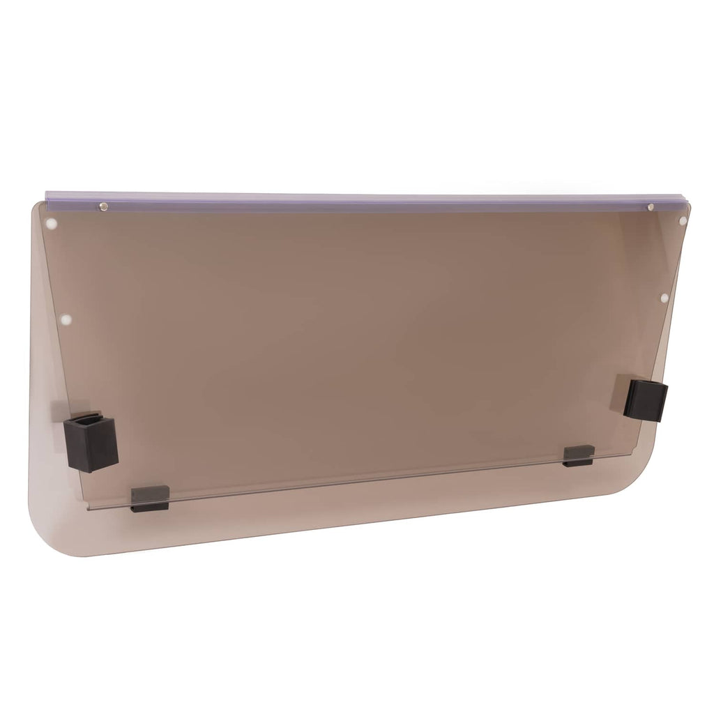 Tinted folding windscreen panel with mounting blocks and edge hardware
