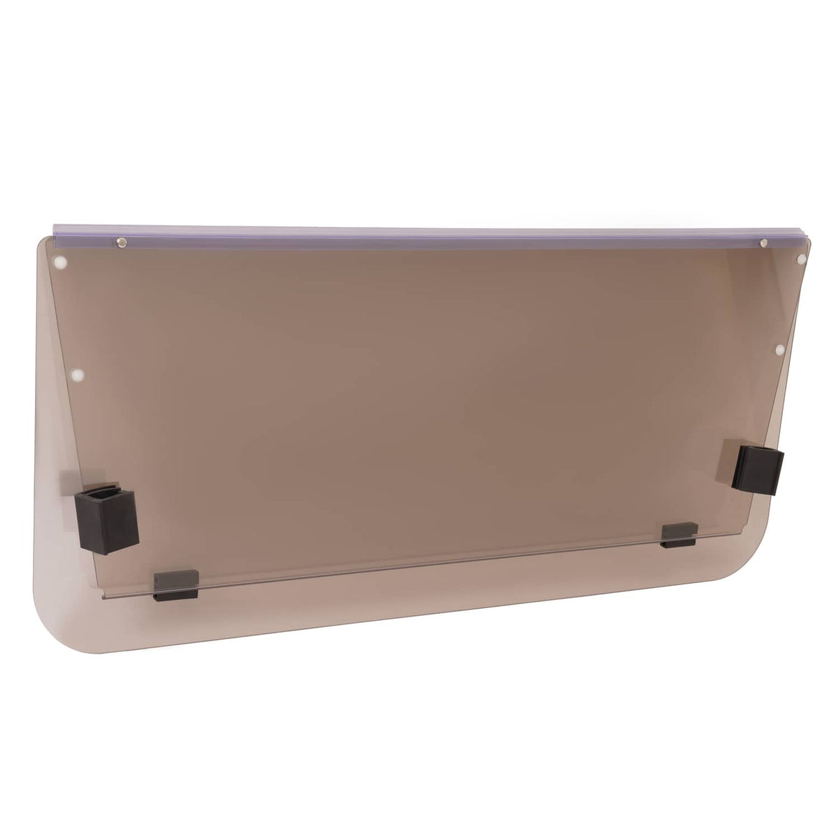 Tinted folding windscreen panel with mounting blocks and edge hardware