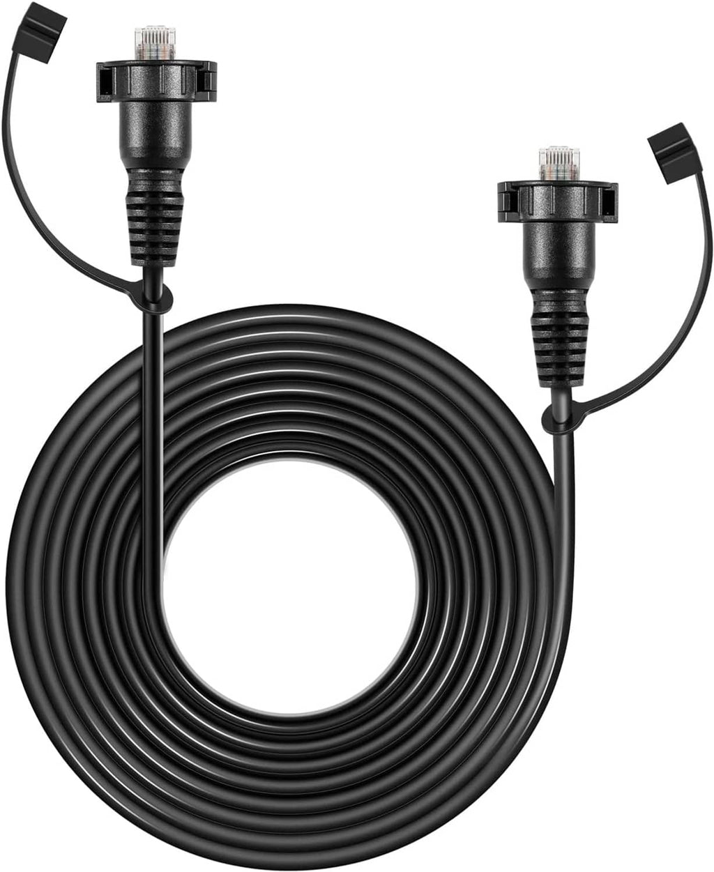 Black coiled marine RJ45 Ethernet cable with two male RJ45 connectors