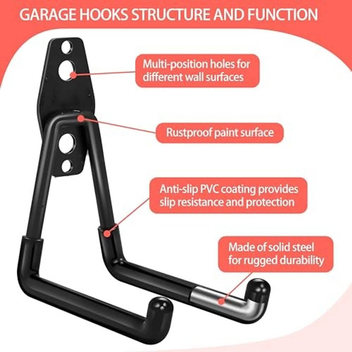 Black garage wall hook with multi-position mounting holes and anti-slip PVC coating