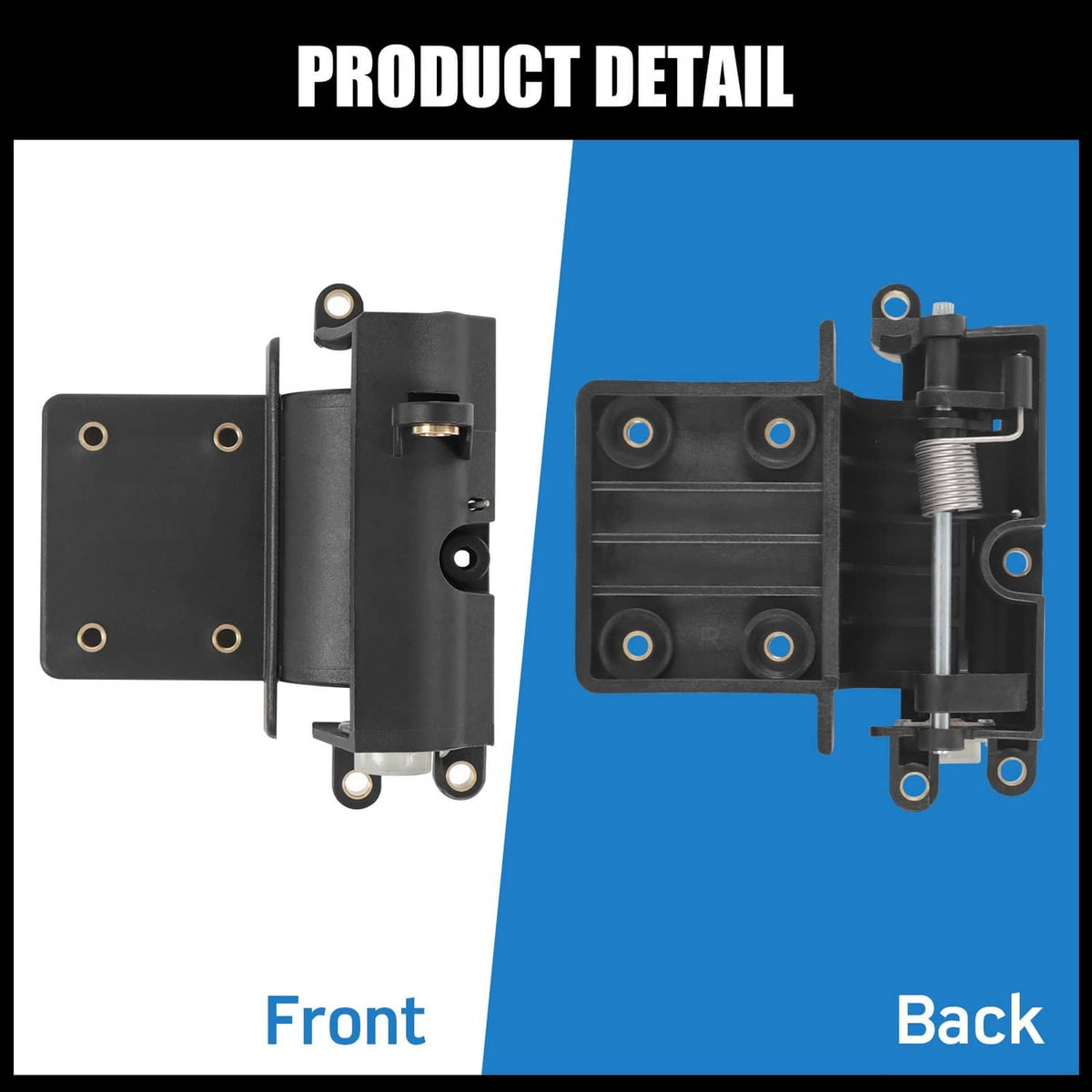 Front and back view of black glove box hinge bracket with spring assembly