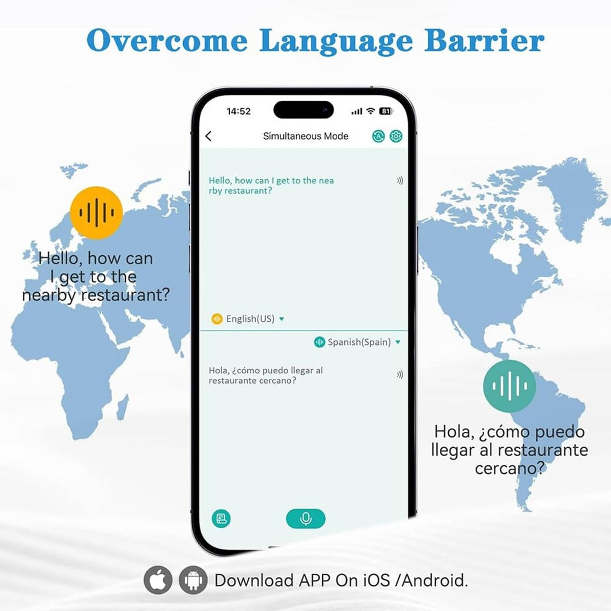 Language translation app screens on a smartphone showing chat translations