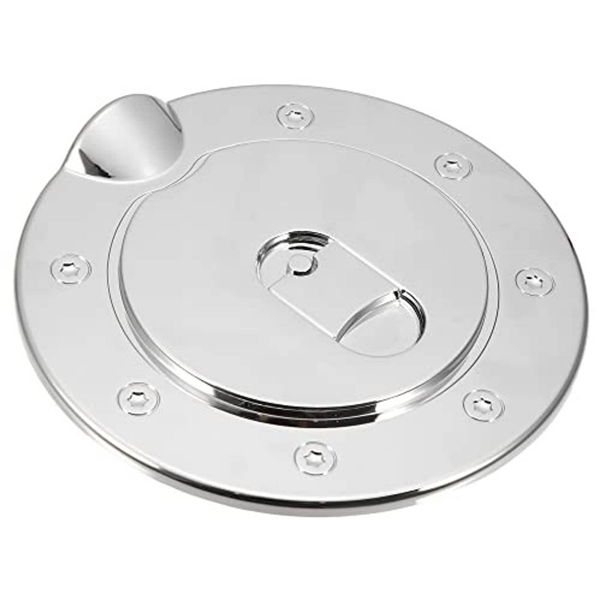 Chrome fuel tank filler cap cover, round metal-look plate with screw heads and cap opening