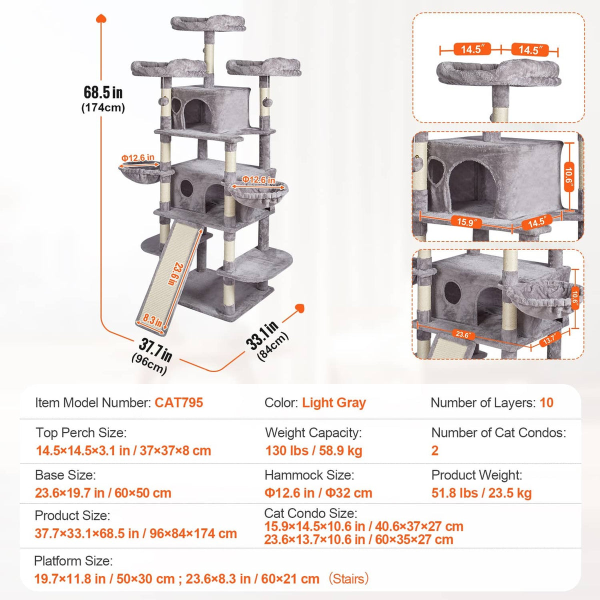 Light gray cat tower with top perch, two enclosed condos, and extended ramp steps