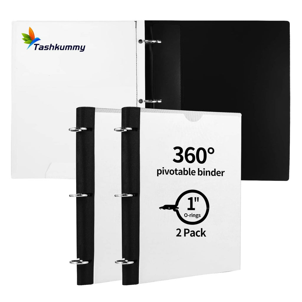 3-ring pivotable binder with white front cover and black back, 1-inch rings