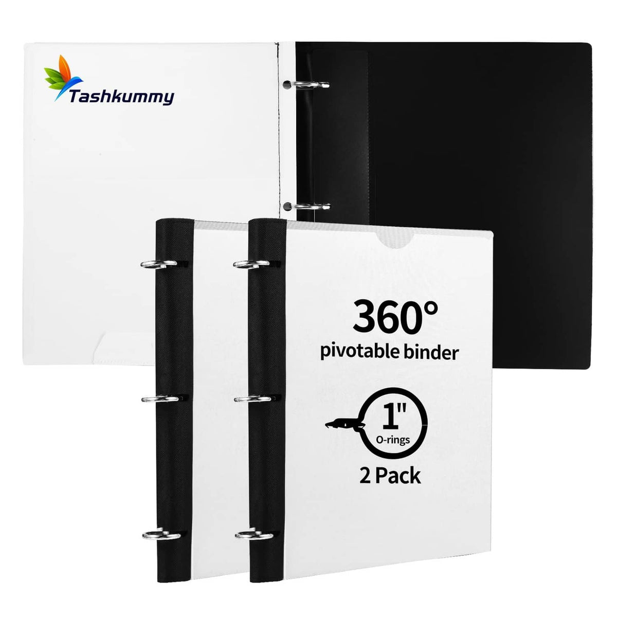 3-ring pivotable binder with white front cover and black back, 1-inch rings