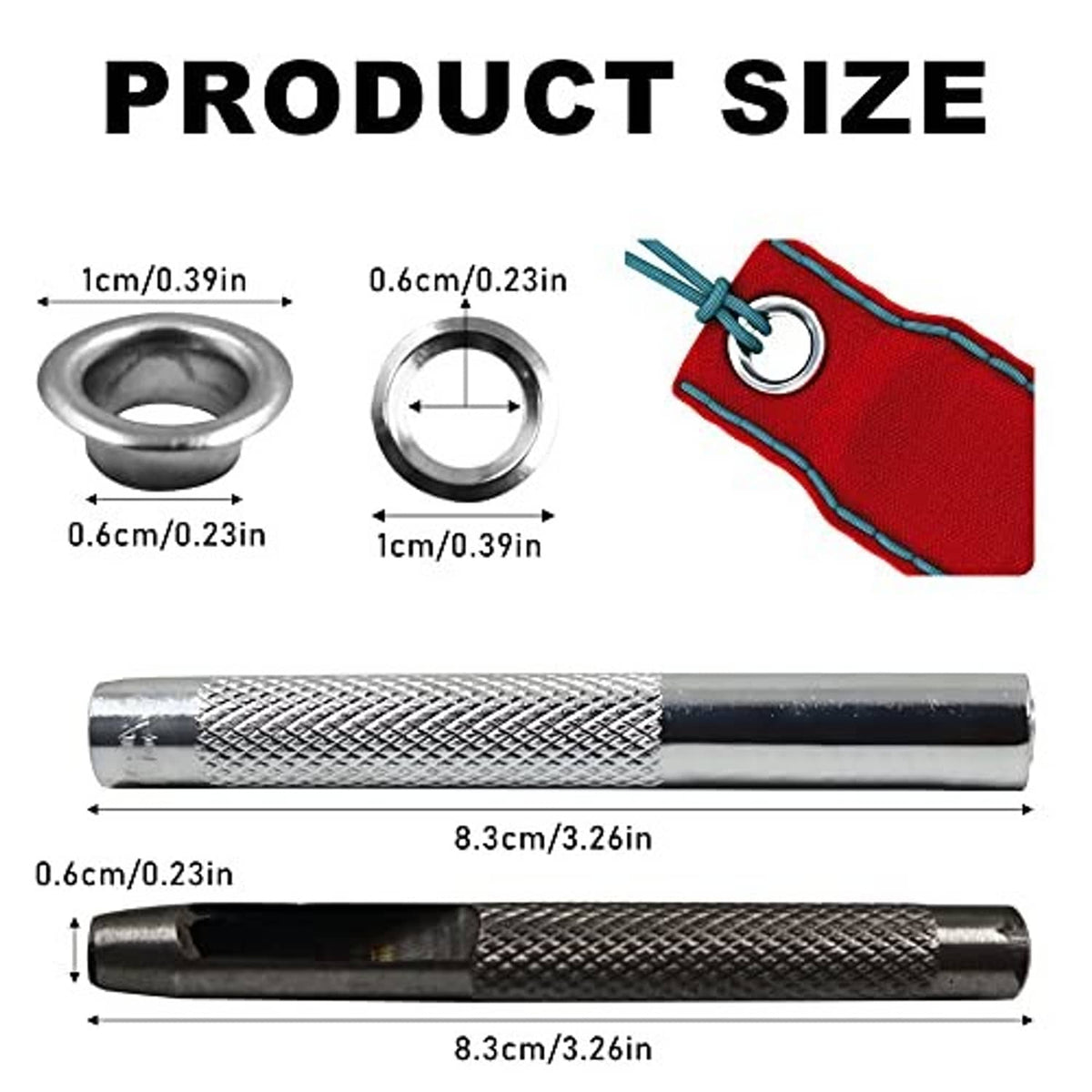 Grommet setting tools with size guide markings and round eyelet parts