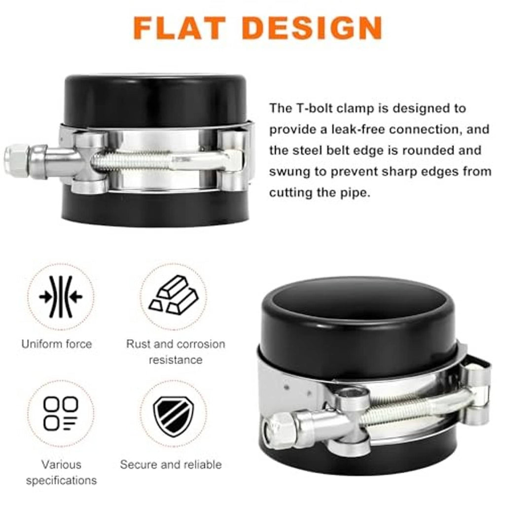 T-bolt hose clamp with flat stainless strap and rounded edges, on black hose