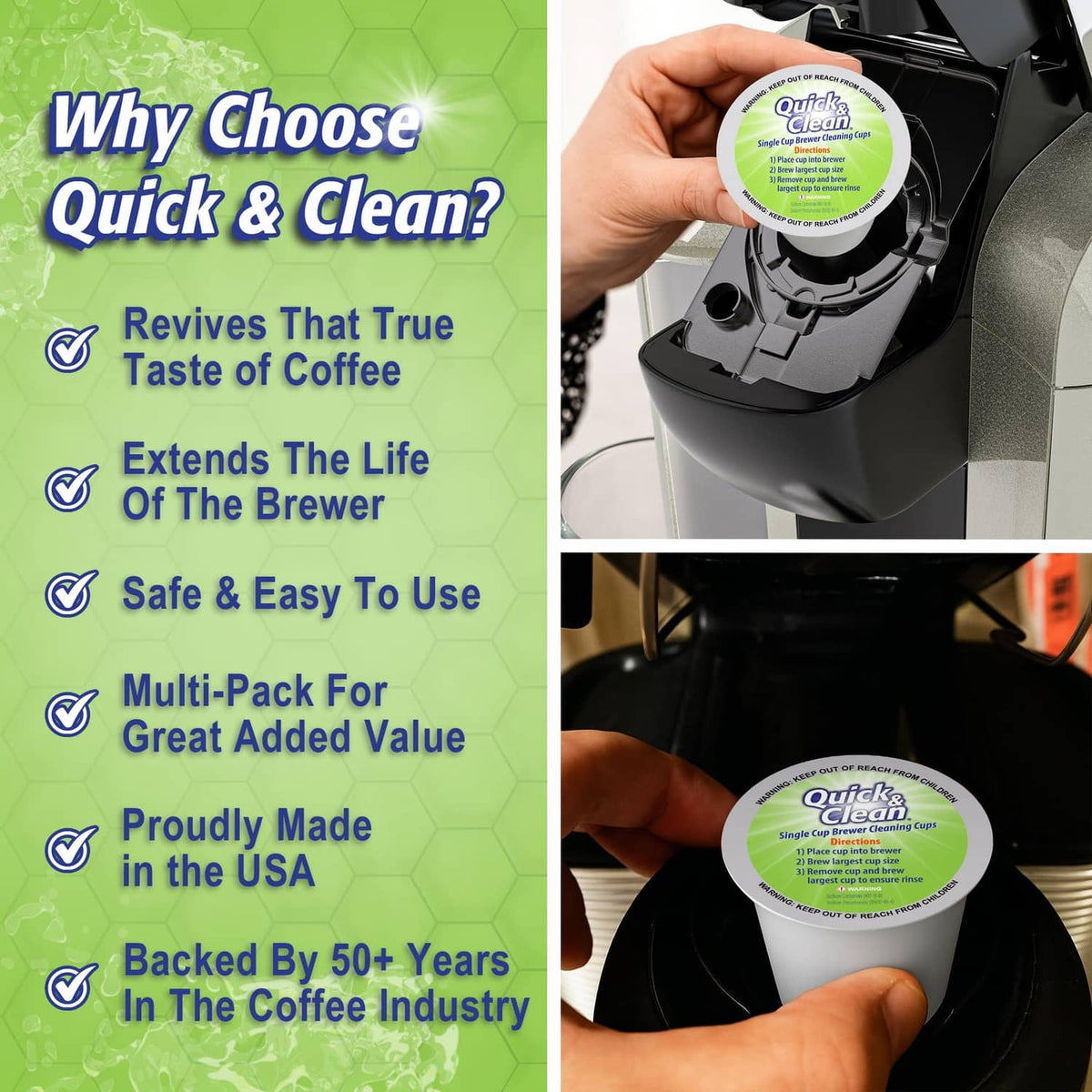 Cleaning pod held over coffee brewer with use benefits text