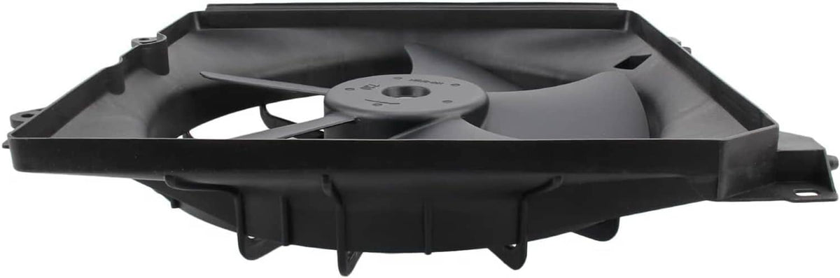 Black cooling fan module with low-profile shroud and central motor bracket