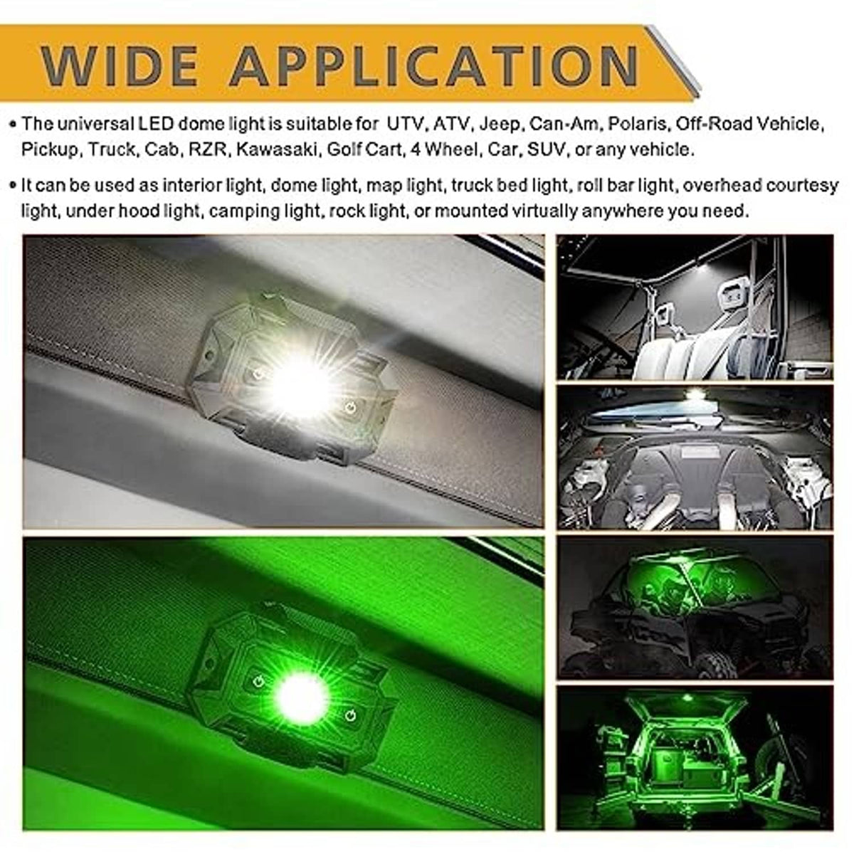 UTV dome light shining green LED glow, black housing with two control buttons