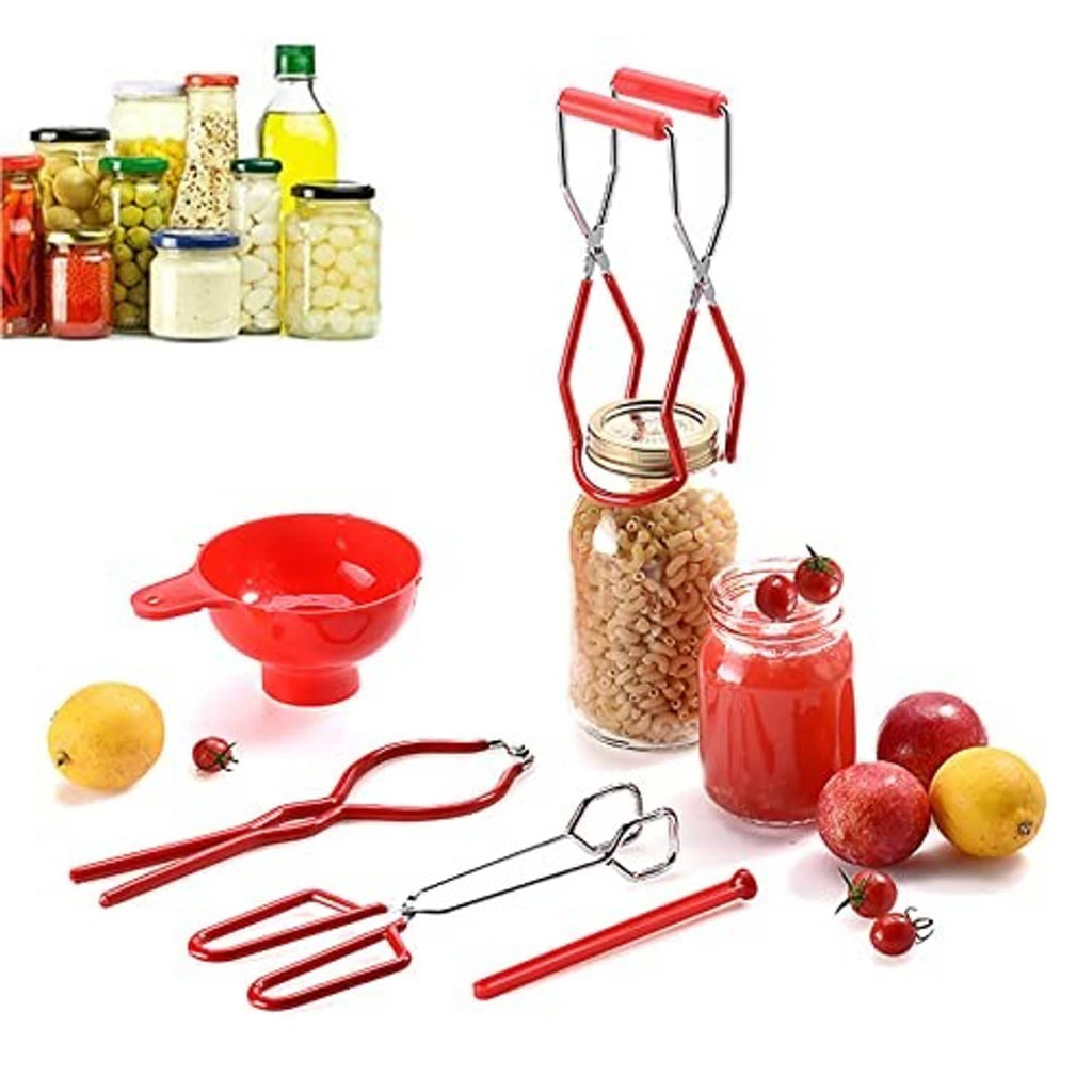 5-piece red canning supplies kit with jar lifters, tongs, and funnel