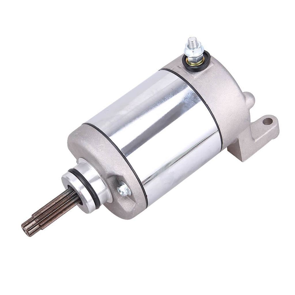 Starter motor with silver cylindrical housing, end caps, and exposed splined drive shaft.