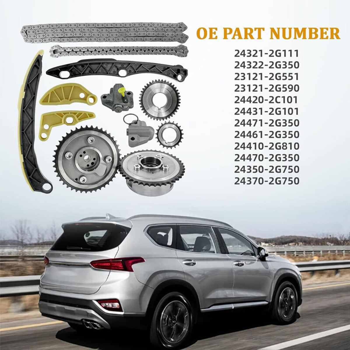 Timing chain kit showing chain, sprockets, guides, and OE part numbers listing