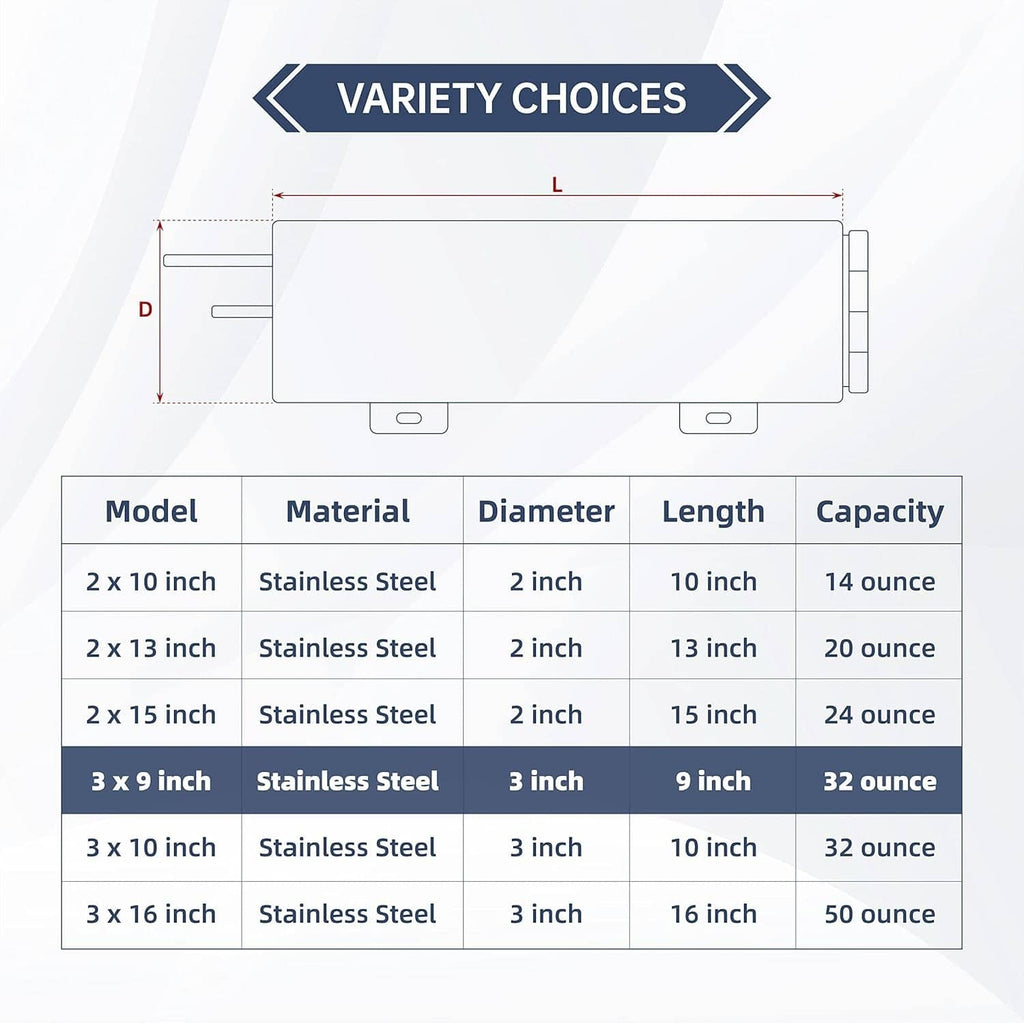 Stainless steel overflow tank size chart with 3 in x 9 in model shown