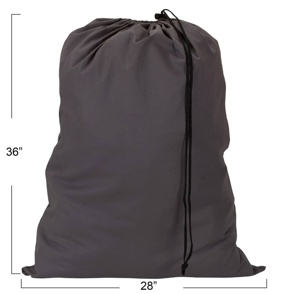 Grey cotton large drawstring bag, cinch-top with black drawstring cord