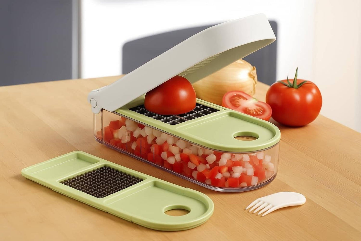 Green vegetable chopper with clear container, slicing grids, and tomato and onion pieces