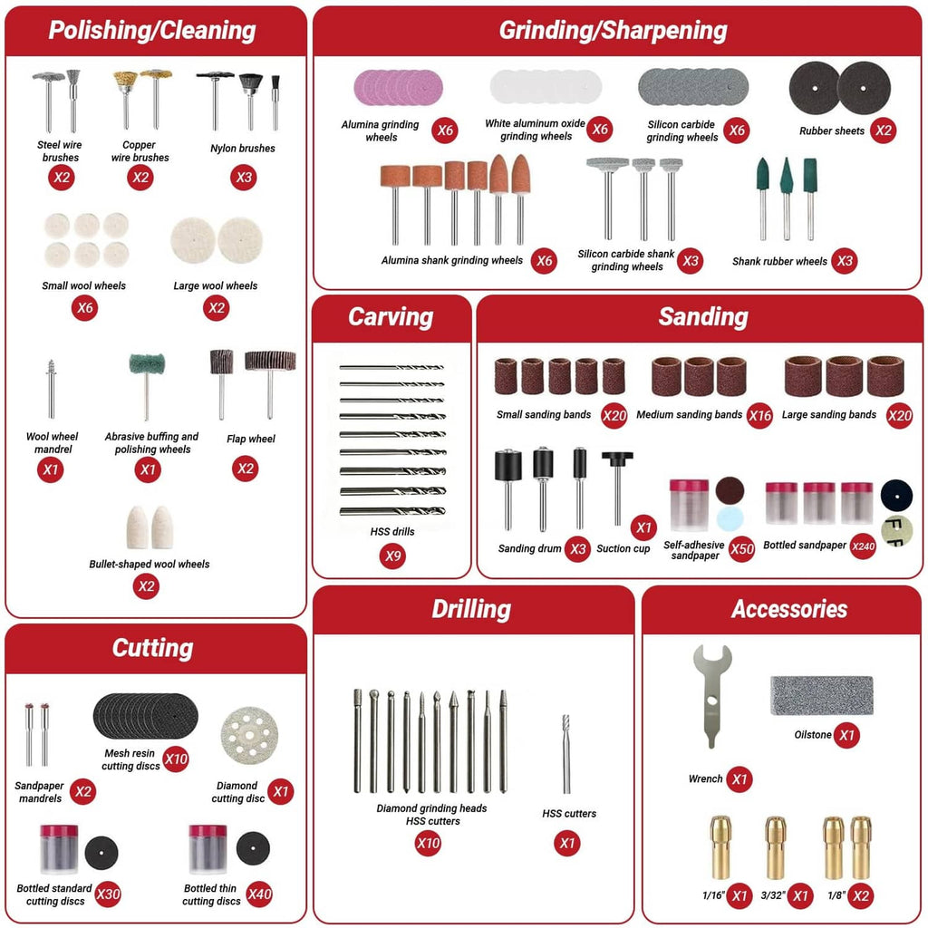 Assorted rotary tool wheels and bits for grinding, carving, sanding, drilling and polishing
