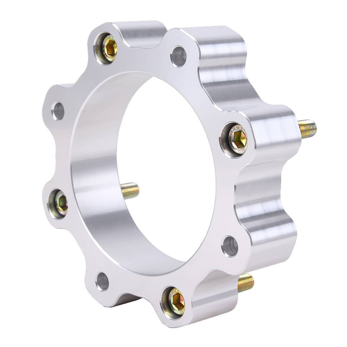 Front wheel spacer with silver aluminum body and gold-threaded mounting bolts around bore