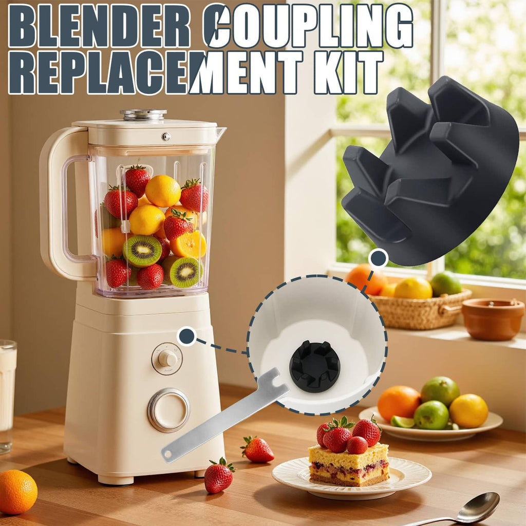 Black blender coupler and silver metal spanner wrench, replacement kit components