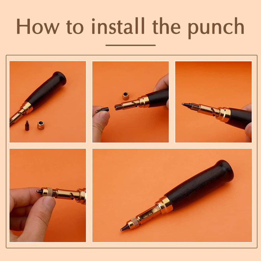 Hole punch tool with dark handle and brass mechanism; showing removable punch parts