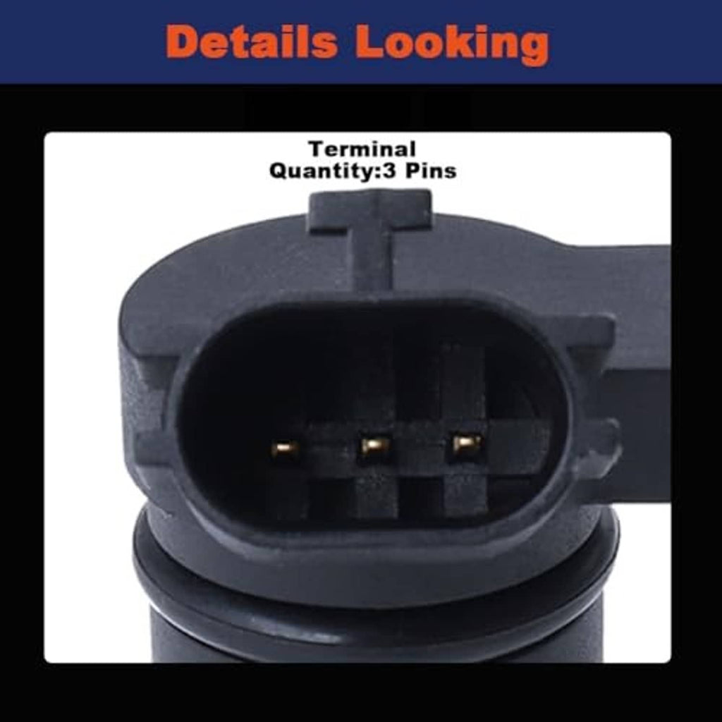 Camshaft position sensor close-up with 3-pin terminal connector on black housing