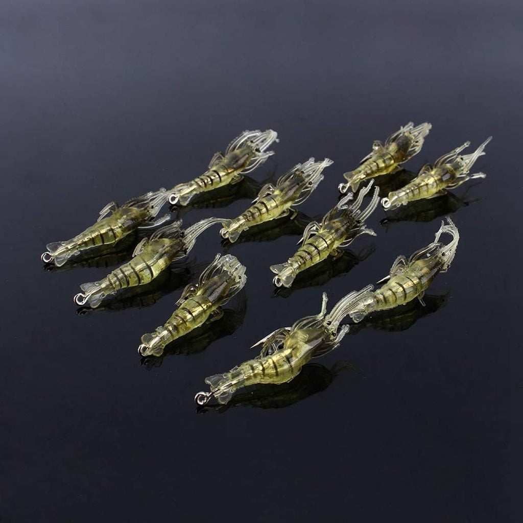 10 shrimp-style soft plastic fishing lures in yellow-green translucent finish