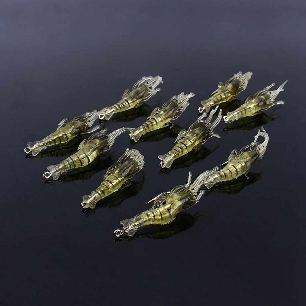 10 shrimp-style soft plastic fishing lures in yellow-green translucent finish