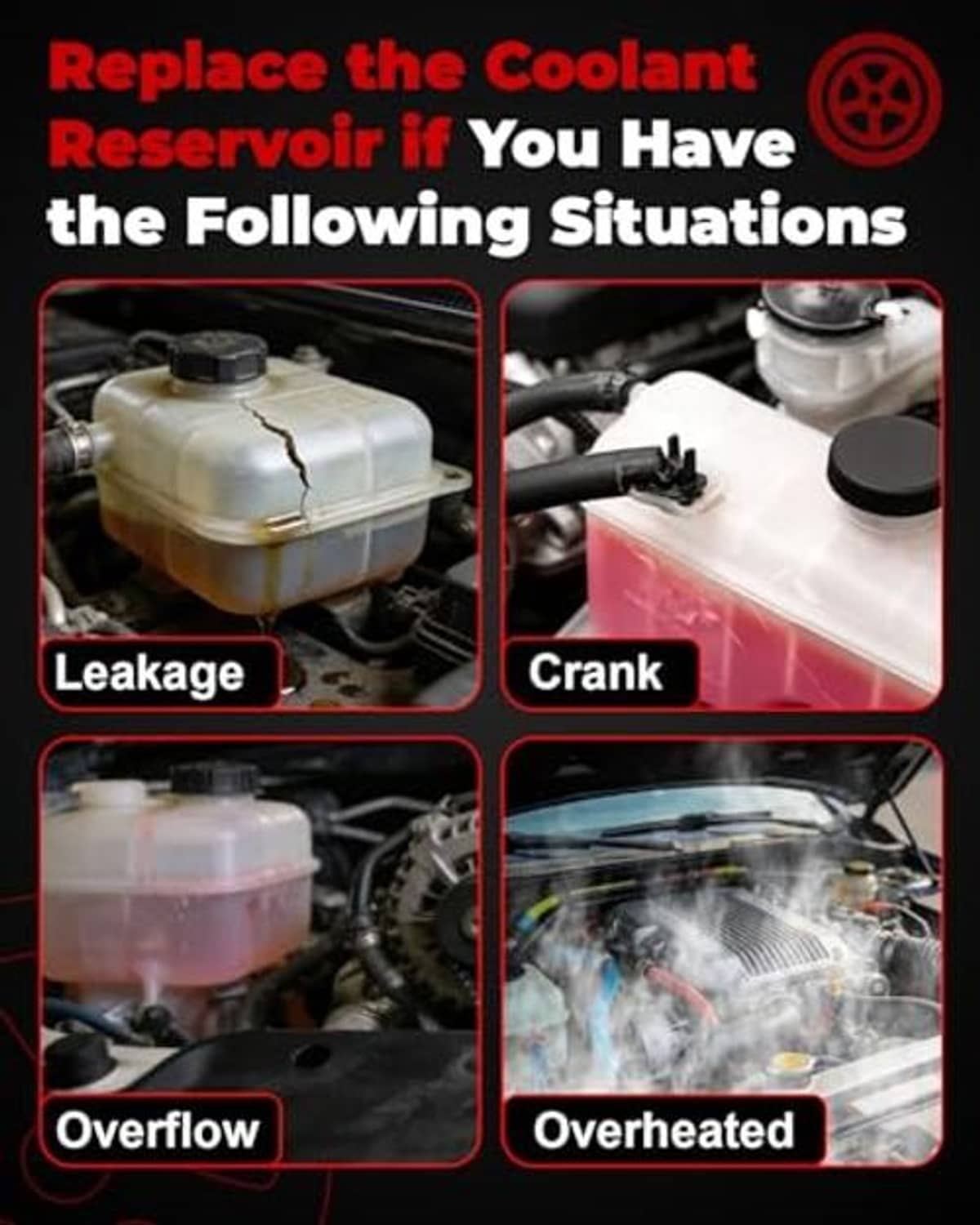 Coolant reservoir tank with black cap shown near vehicle engine components