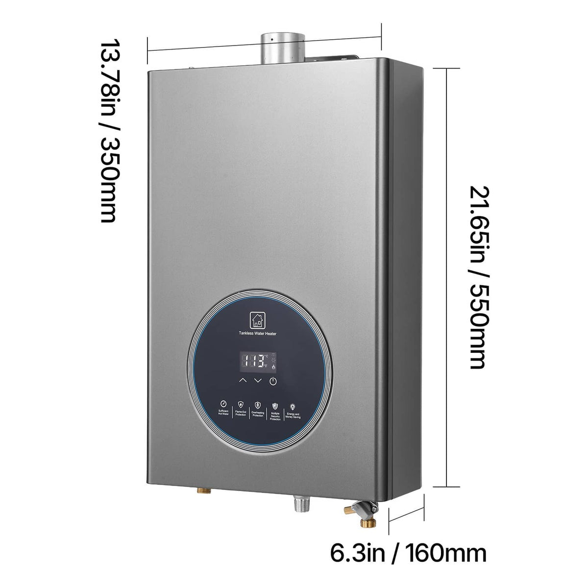 Propane tankless water heater front view with LED control panel and dimension labels