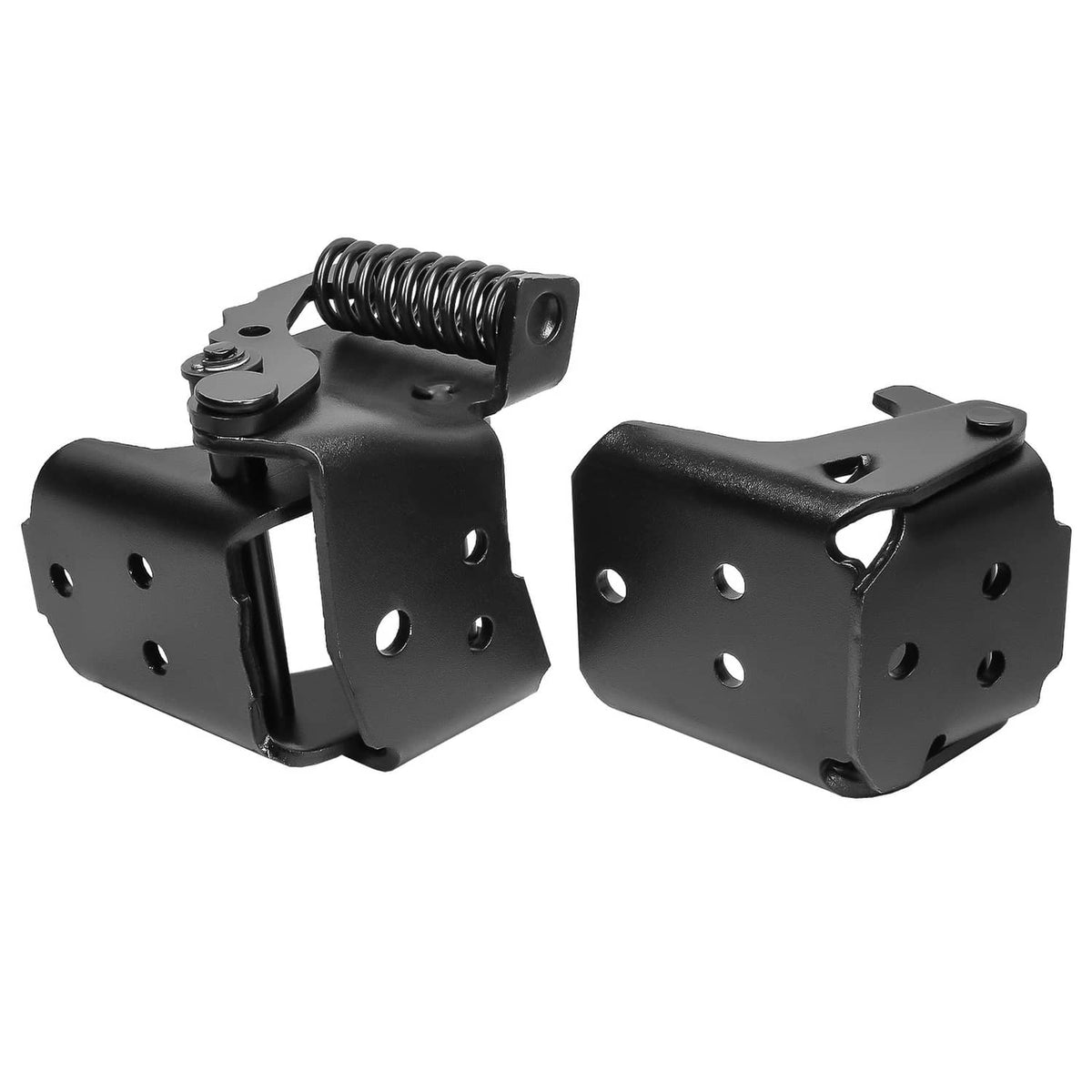 Black driver-side door hinge pair with coil springs and mounting holes on brackets.