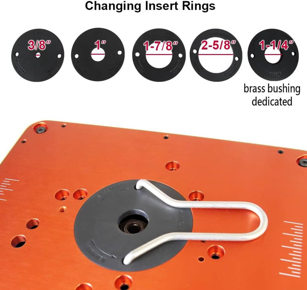 Orange router plate with black insert ring; assorted black ring sizes and brass bushing shown