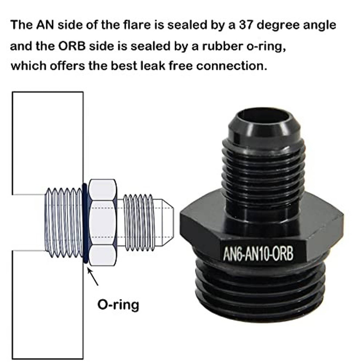 ORB male O-ring fuel fitting with 37-degree flare seal and rubber O-ring