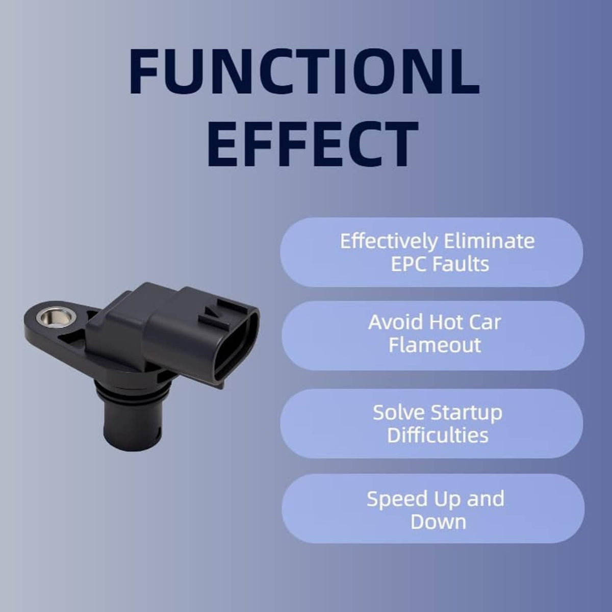 Black camshaft position sensor with mounting tab and 3-pin plug