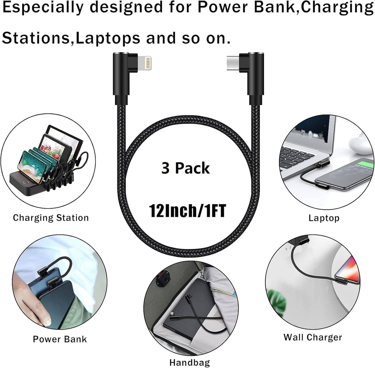 Black braided 3-pack USB-C to Lightning cables with right-angle ends