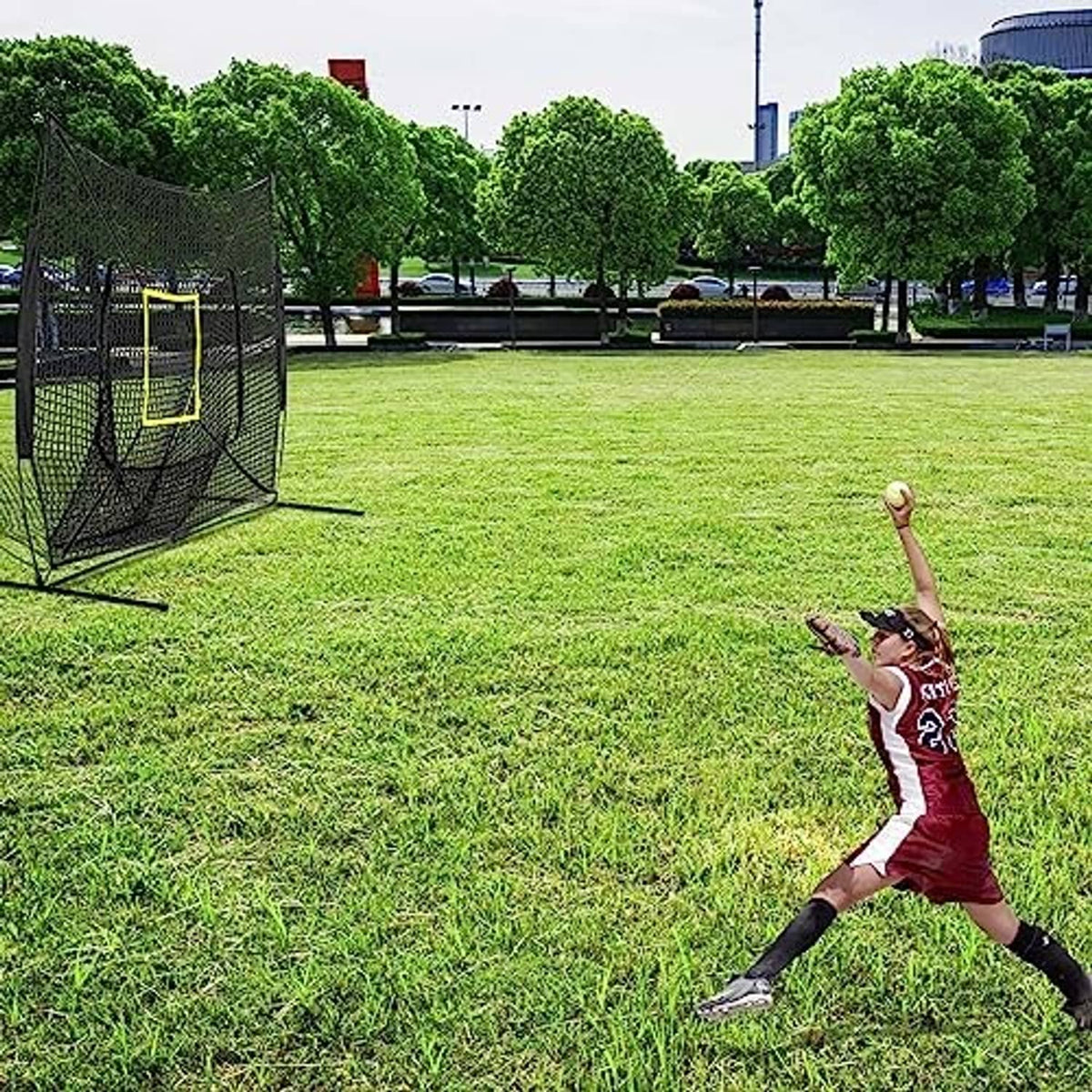 Baseball practice strike target net with black mesh and yellow square scoring window