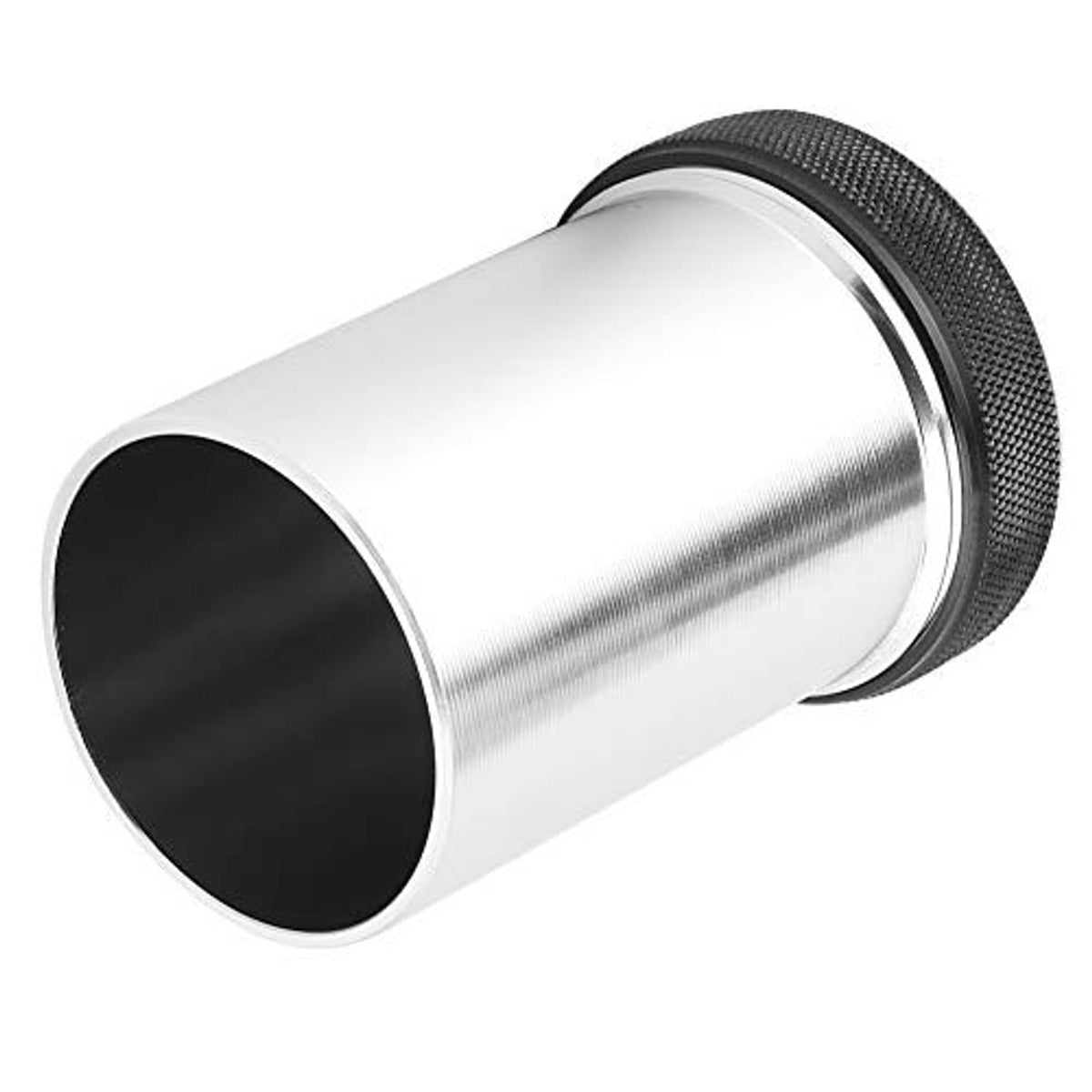 Aluminum bung with black rim and silver tube body, open end close-up