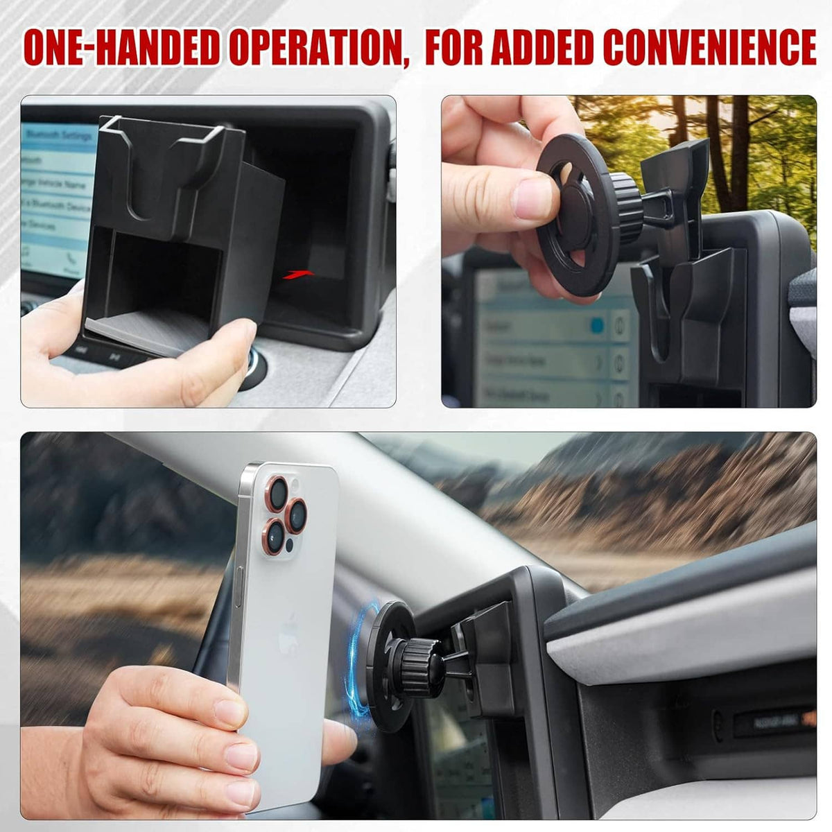 Black magnetic phone holder cubby insert with hands installing base and holding phone