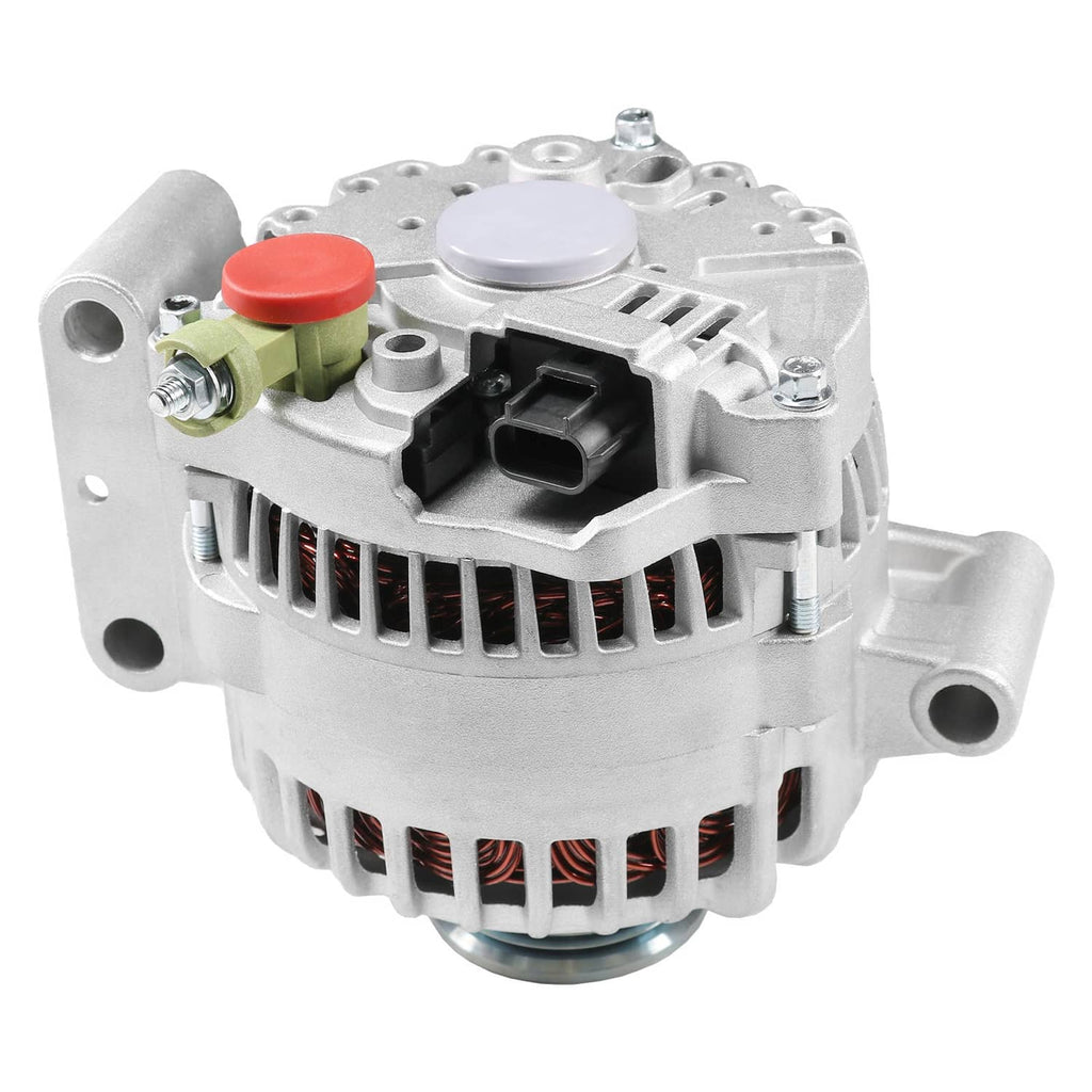 Alternator with vented grille and pulley, silver housing, red cap and green plug