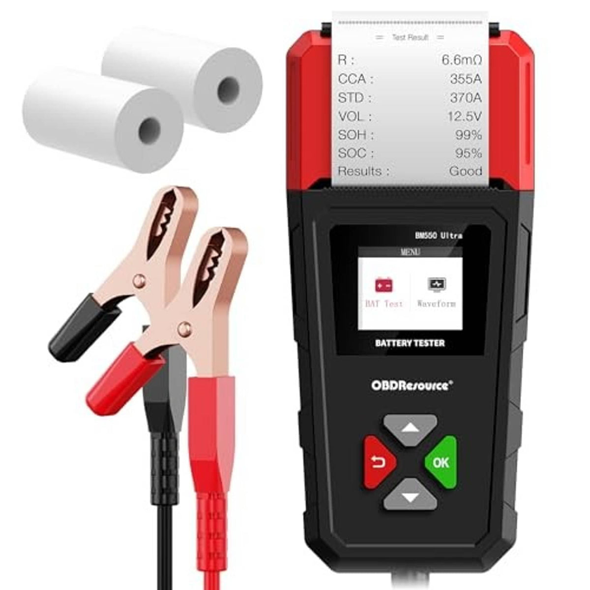 Car battery tester with clamp leads and results on LCD screen