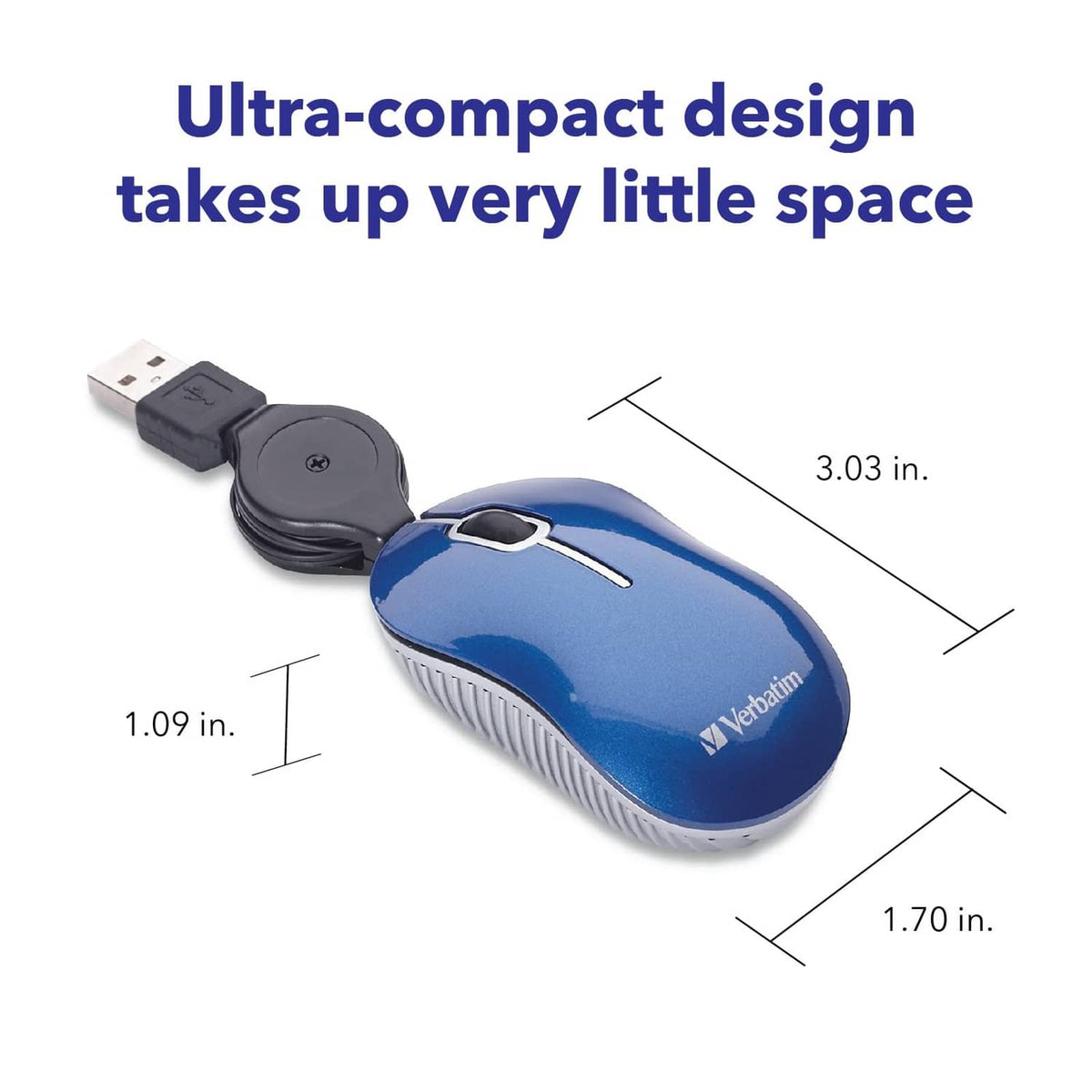 Blue mini wired optical computer mouse, compact size with side scroll switch