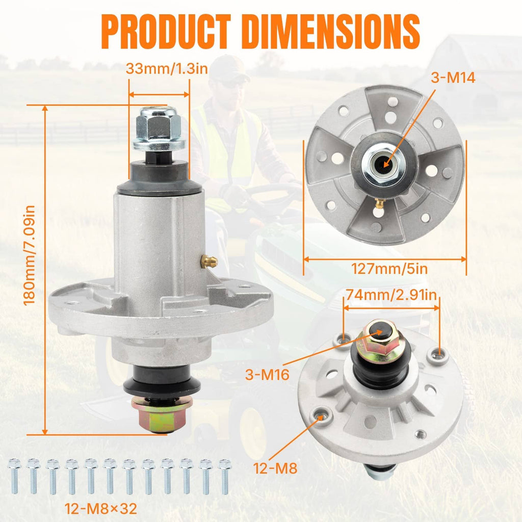 Deck spindle, pulley, and gray drive belt with included mounting hardware