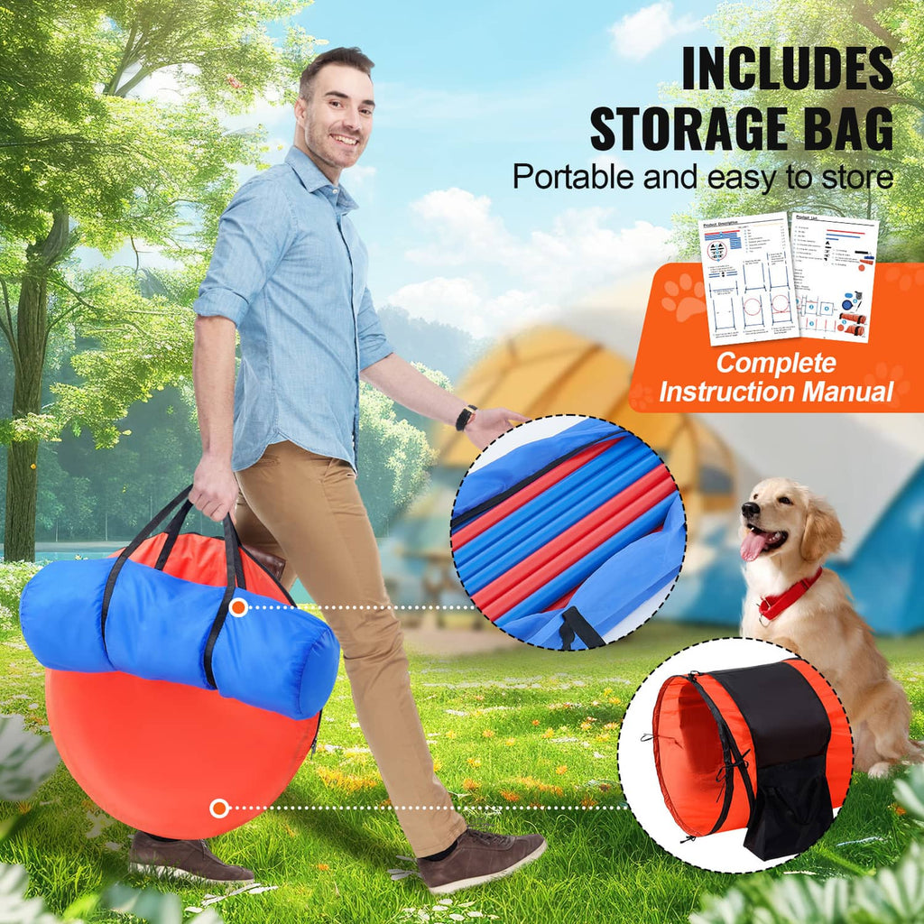 Dog agility training kit with orange tunnel and blue hurdle plus storage bag